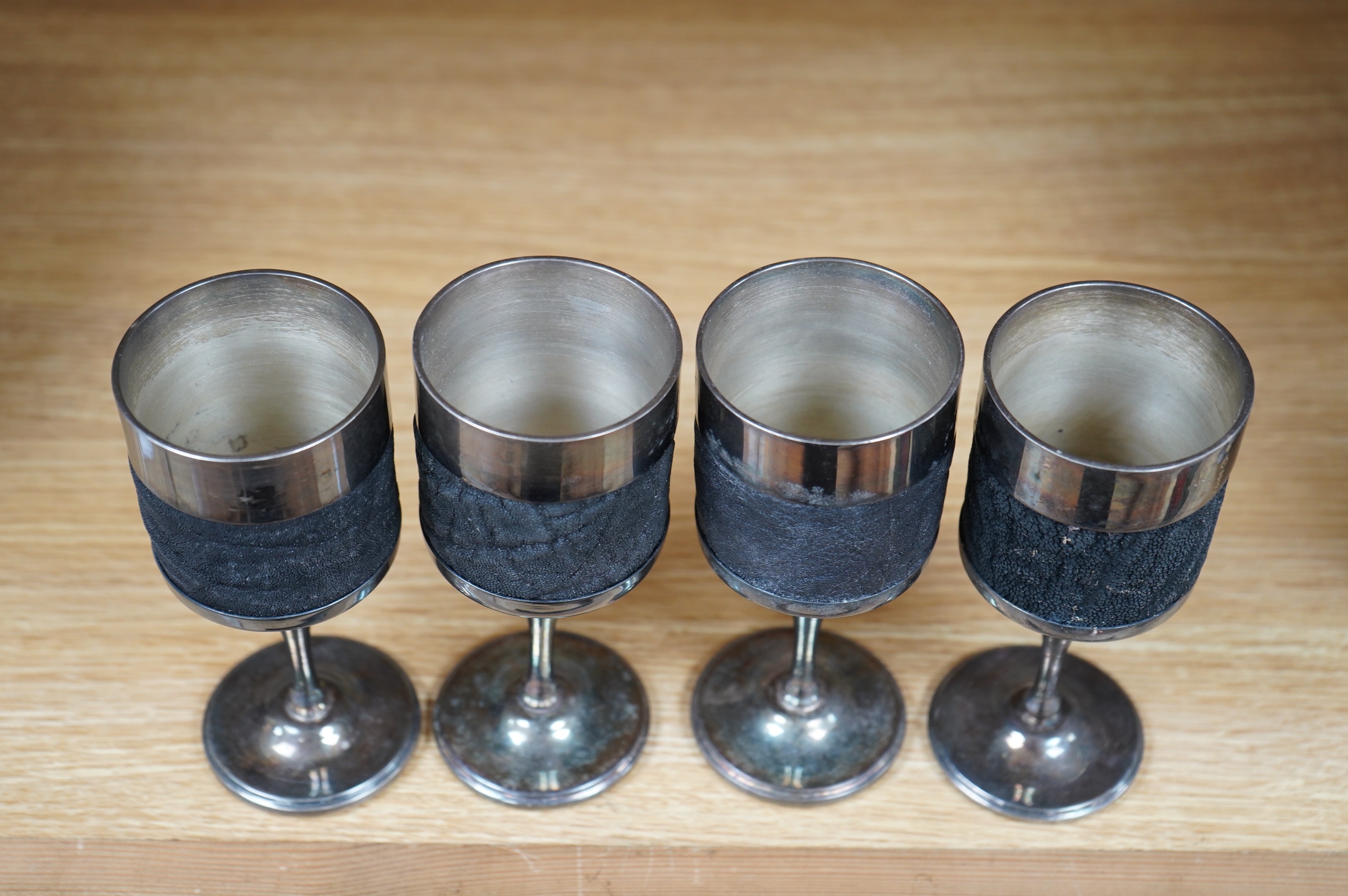 A set of four stylish animal hide and silver plate goblets, makers marks to base, 15.5cm. Condition - good